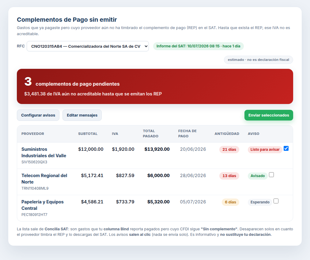 Complementos de Pago sin emitir — vista del portal integranube (datos de ejemplo)